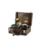 Portable gramophone, Pixie Grippa: in oak case, with spun brass auxiliary horn