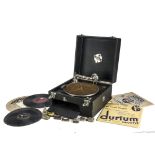 Portable gramophone, with records: a Vocalion portable, in square black case with replacement