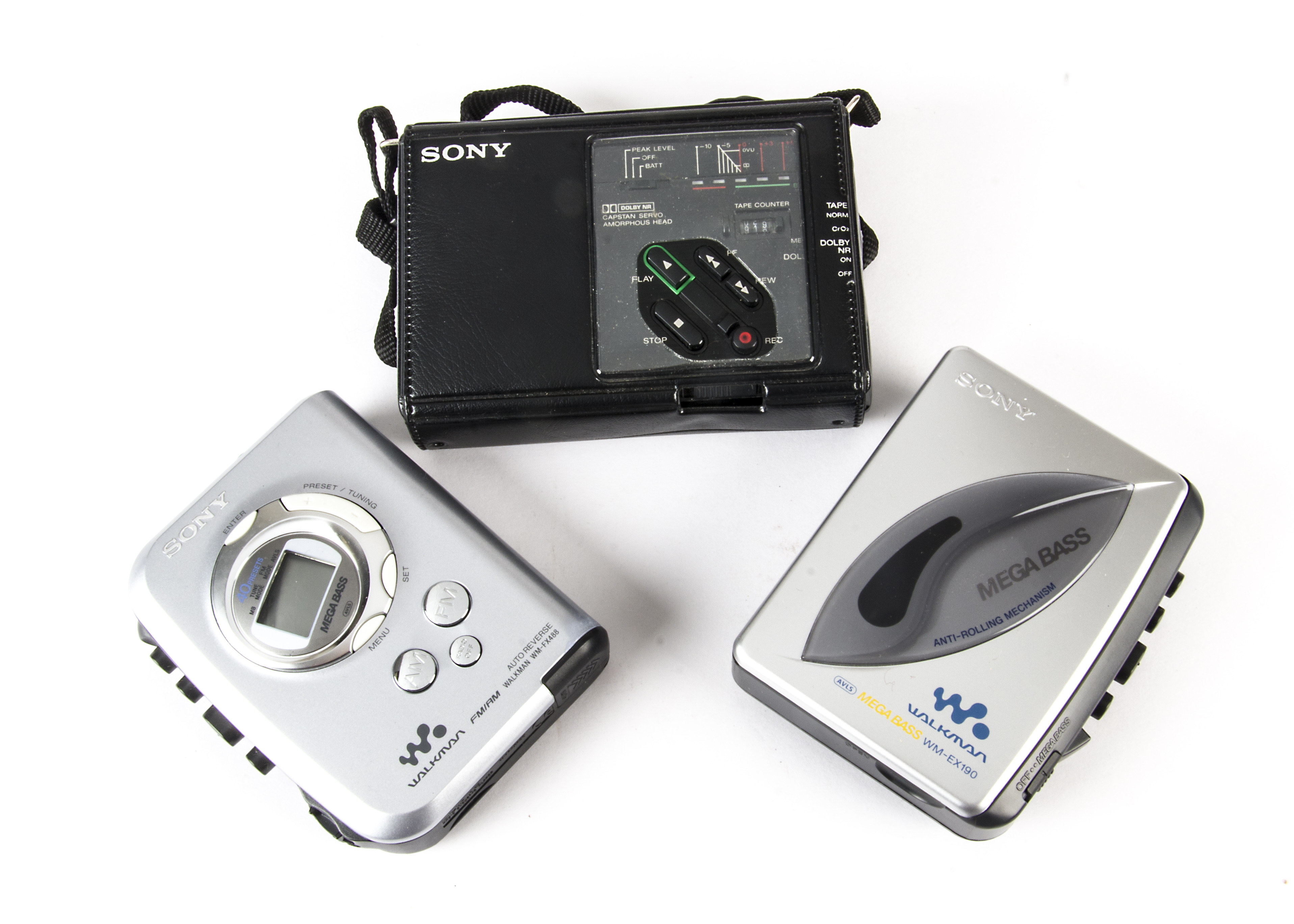Sony Walkman, three in total, a D3 stereo cassette-corder TC-D3, cased and in carry bay, WM-FX488