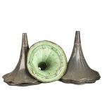 Gramophone horns, steel: a horn with original green paint; and five flower horns in unpainted