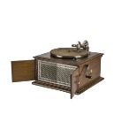 Hornless gramophone, HMV: Model 1, rare early version with perforated metal grille behind doors,