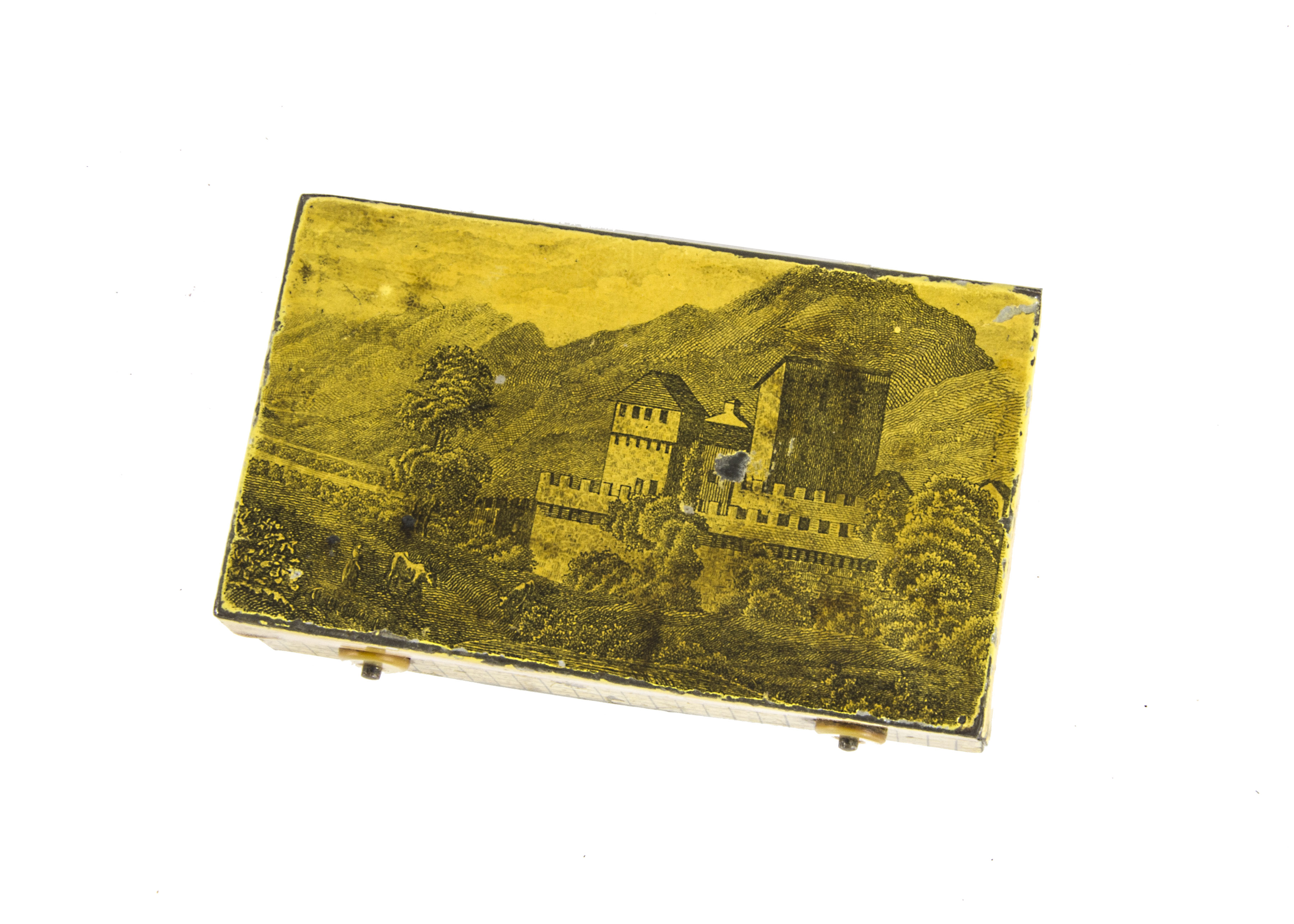 Musical snuffbox, tinplate: playing two airs, in yellow case printed with 'Vue du Castello di - Image 2 of 2