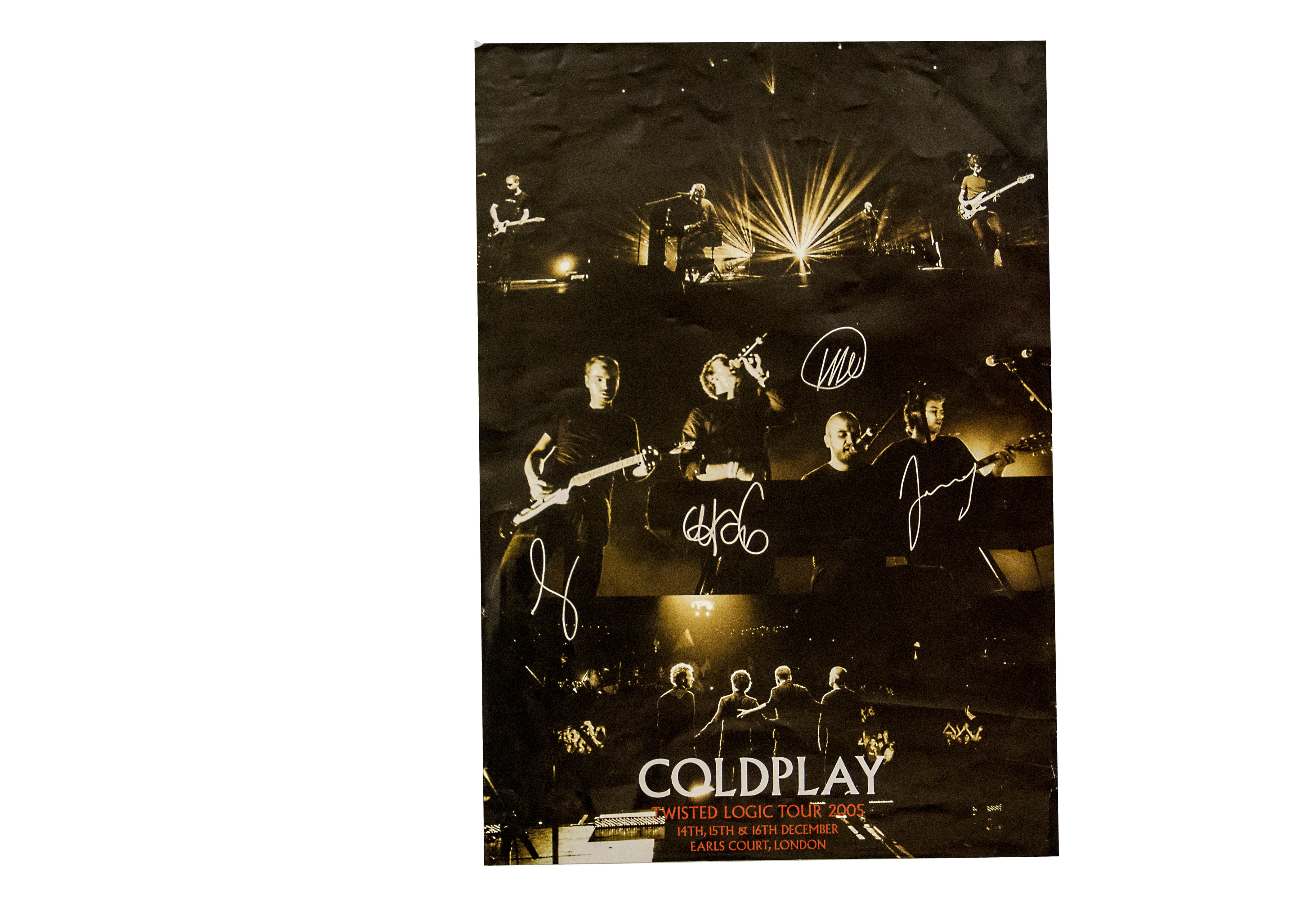 Coldplay, Twisted Logic Tour poster Earls Court 14,15,16 December 2005 with four signatures 42cm x