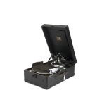 Portable gramophone, HMV: Model 102, with 5A soundbox, record tray and black case generally good