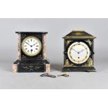 A slate mantel clock, of architectural form with white enamel dial, 20 cm wide x 21 cm high together