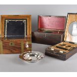 A brass bound walnut writing slope, together with a George III rectangular tea caddy and a 19th