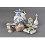 A collection of assorted porcelain and enamel ware, including Dresden figural pin dishes, Royal