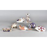 Seven Royal Crown Derby paperweights, compromising Crab (no stopper), pig (no stopper), owl (no