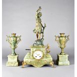 A large French green marble clock garniture, the circular enamelled dial with floral swags on a