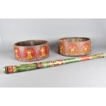 Two continental coopered folk art decorated tubs, possibly for butter making, the red painted