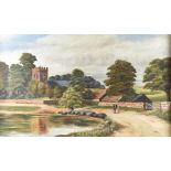 English School, early 20th Century, oil on canvas, village pond and church, 37 cm x 60 cm, framed