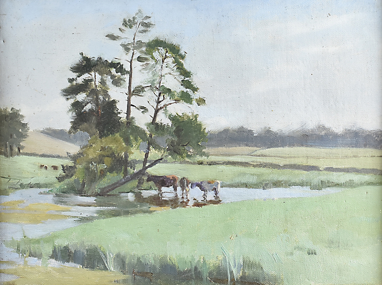 English School, 20th Century, oil on board, cows in a stream, 24 cm x 32 cm