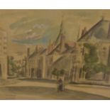 Hermione David (1886-1970), watercolour and bodycolour figural street scene, signed and titled lower