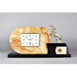 An art deco marble and slate mantel clock, the square faced dial with arabic numerals on a D