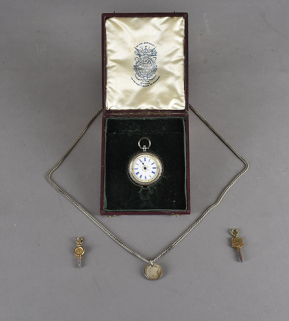 A cased lady's silver open faced fob watch, with white enamel dial and blue roman numerals, an opera