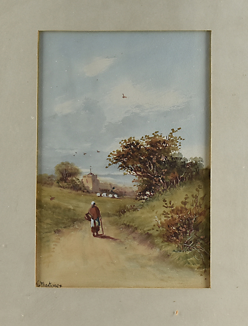 T Mortimer, continental school, landscape with woman, watercolour, signed lower left, 25 cm x 17 cm,