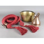 A brass preserve pan, with steel handle, a quart measure copper jack and a red rope stair hand