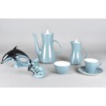 A Poole pottery six place coffee set, in two tone comprising six cups and saucers, sugar bowl,