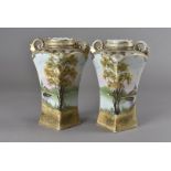 A pair of Nippon square based baluster vases, with hand painted landscape decoration, and raised