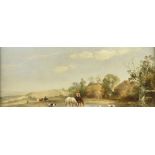 After Alfred Vickers, oil on board, landscape with horses at village pond, 14 cm x 34 cm in gilt