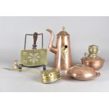 A collection of 19th Century and later brass and copperware, including a pair of miners lamps, a