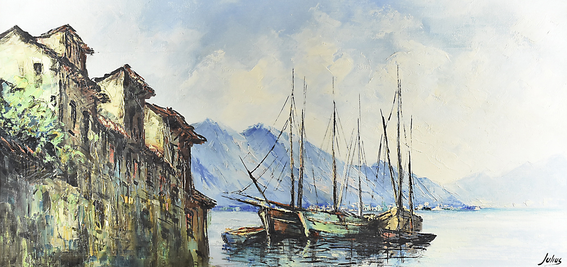 Julius, continental school, 20th Century, oil on canvas, lake scene, signed lower right, 39 cm x