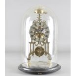 A contemporary brass single fusee skeleton clock, with steel chapter ring, roman numerals and