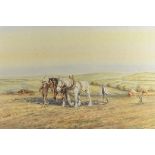 Frank H Wilford, 20th Century, watercolour, heavy horses working in field, shires harrowing the