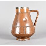 A Doulton Silicon Lambeth pottery jug, simulating a copper jack with silver collar by Thornhill Bond