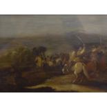 An 18th century oil on panel English Civil war scene, of roundheads meeting cavaliers on the field