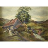 A late 19th Century, Scottish school, oil on canvas, cottage by stream in highland landscape, signed