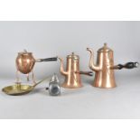 An arts and crafts copper café au lait set, matched, with coffee pot, milk and ovoid pot on tripod