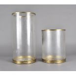 Two Ralph Lauren brass and glass cylindrical candle holders, the lift off glass storm shade
