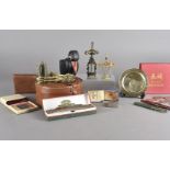 A collection of Barham, Parker, Waterman fountain pens, a leather collar box, a clay pipe, a