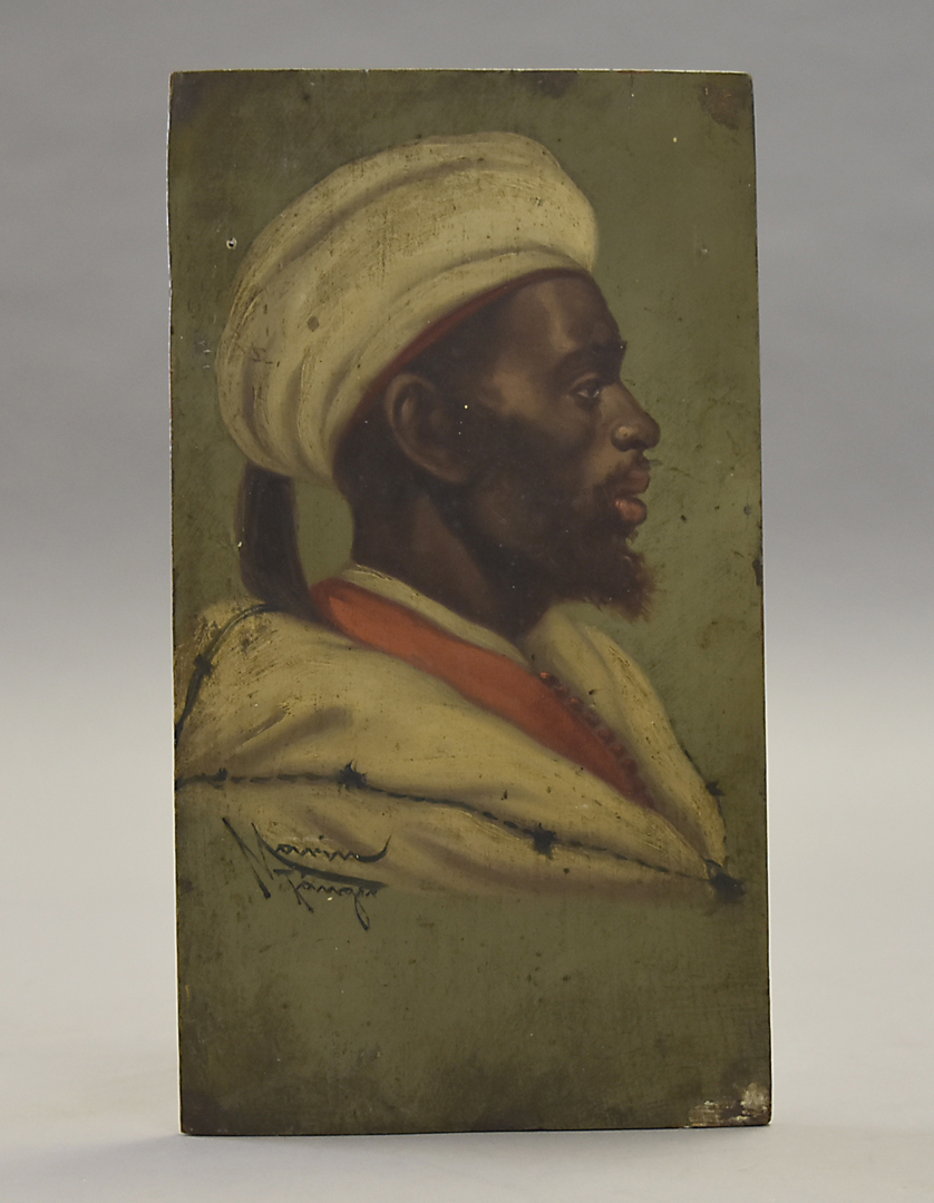 A late 19th Century North African school oil on board, profile portrait of gent in turban, signed