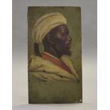 A late 19th Century North African school oil on board, profile portrait of gent in turban, signed