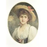 A Victorian print of a young girl wearing a straw bonnet, framed and glazed, 56 cm x 41 cm