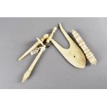A 19th Century ivory turned lace makers tool, with tambour hook, point protector and needle case