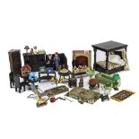 A quantity of dolls’ house furniture: including a Grecon husband and wife, Barton corner settle with