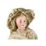 An A. Lanternier & Cie Cherie child doll, bisque shoulder-head with fixed blue eyes, pierced ears,