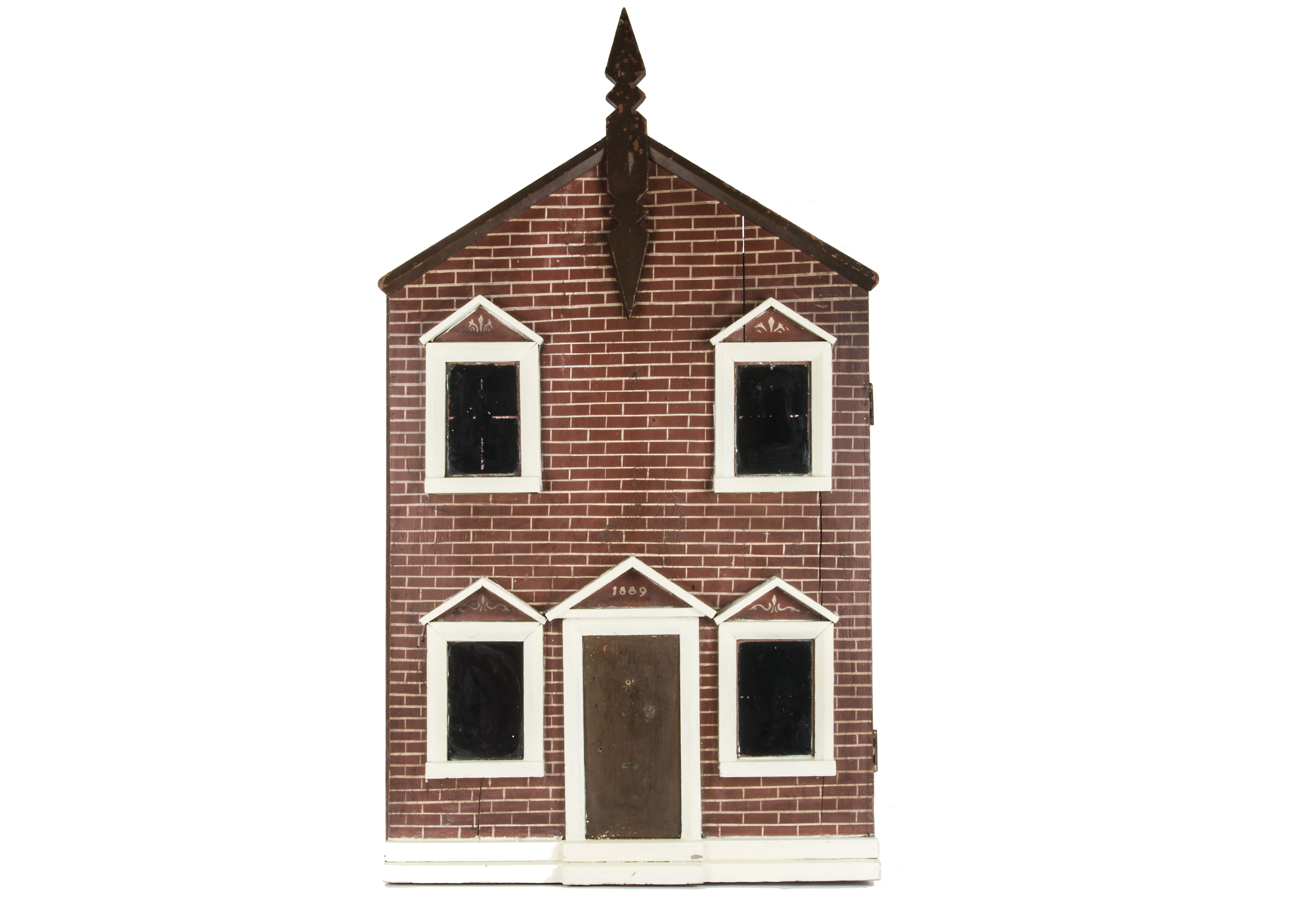 A late 19th century carpenter built dolls’ house, a box back type with brick painted façade, central