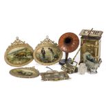 German metal dolls’ house chattels: a gilt tinplate carpet sweeper, a tinplate Penny Toy early