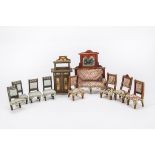 German dolls’ house furniture: a red stained settle with mirror -5¼in. (13.4cm.) wide and four