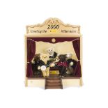 A Steiff Limited Edition Millennium Band, five teddy bears on a wooden stage, 688 of 2000, in