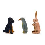 A rare British velvet dog, penguin and rabbit after Pip, Squeak and Wilfred 1930, the dog of deep