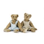 Unusual early American twin teddy bears circa 1908, with golden mohair, black boot button eyes,