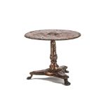 A rare Evans & Cartwright tinplate pedestal circular table, painted an unusual copper colour with
