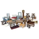 A quantity of dolls’ house furniture: manufactured and home-made including a blue and red painted