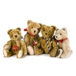 Four modern Hermann teddy bears: one with no/no tail operated head mechanism, three with red plastic