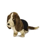A rare British wool plush Bassett Hound 1930s, with brown, black and cream plush, opaque black,